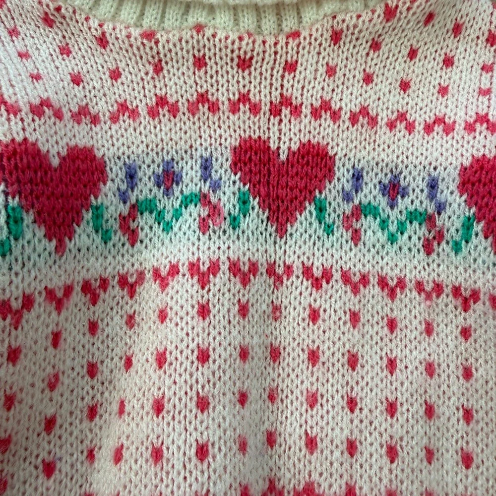 Vintage Baby Fair Heart Floral Fair Isle Turtleneck Sweater 18 Months Pink White